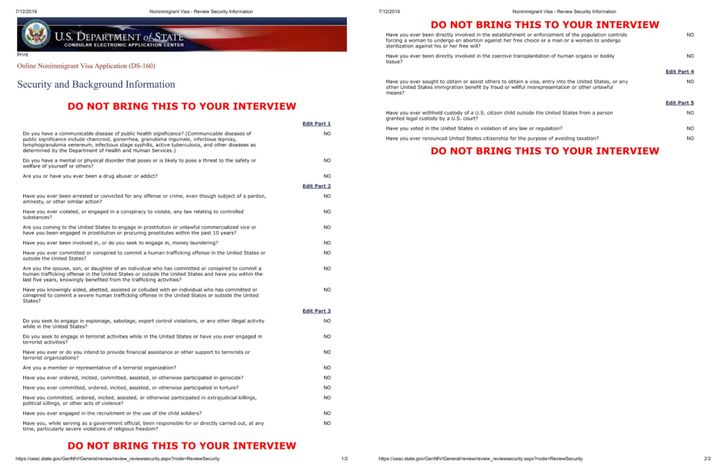 US visa application background information